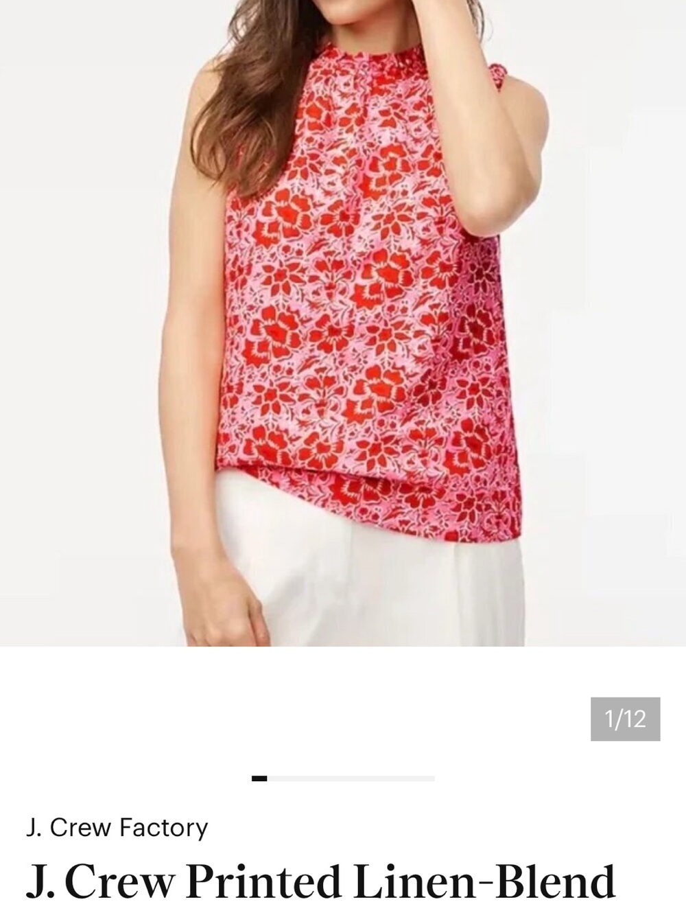 J. Crew Printed Linen-Blend Ruffleneck Top in Azalea Belvedere Red M
